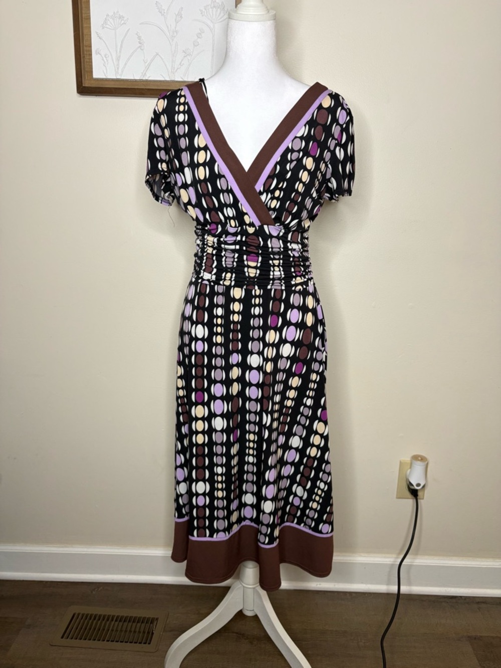 Sandra Darren Black Polka-Dot Wrap Midi Dress with Purple and Cream Accents